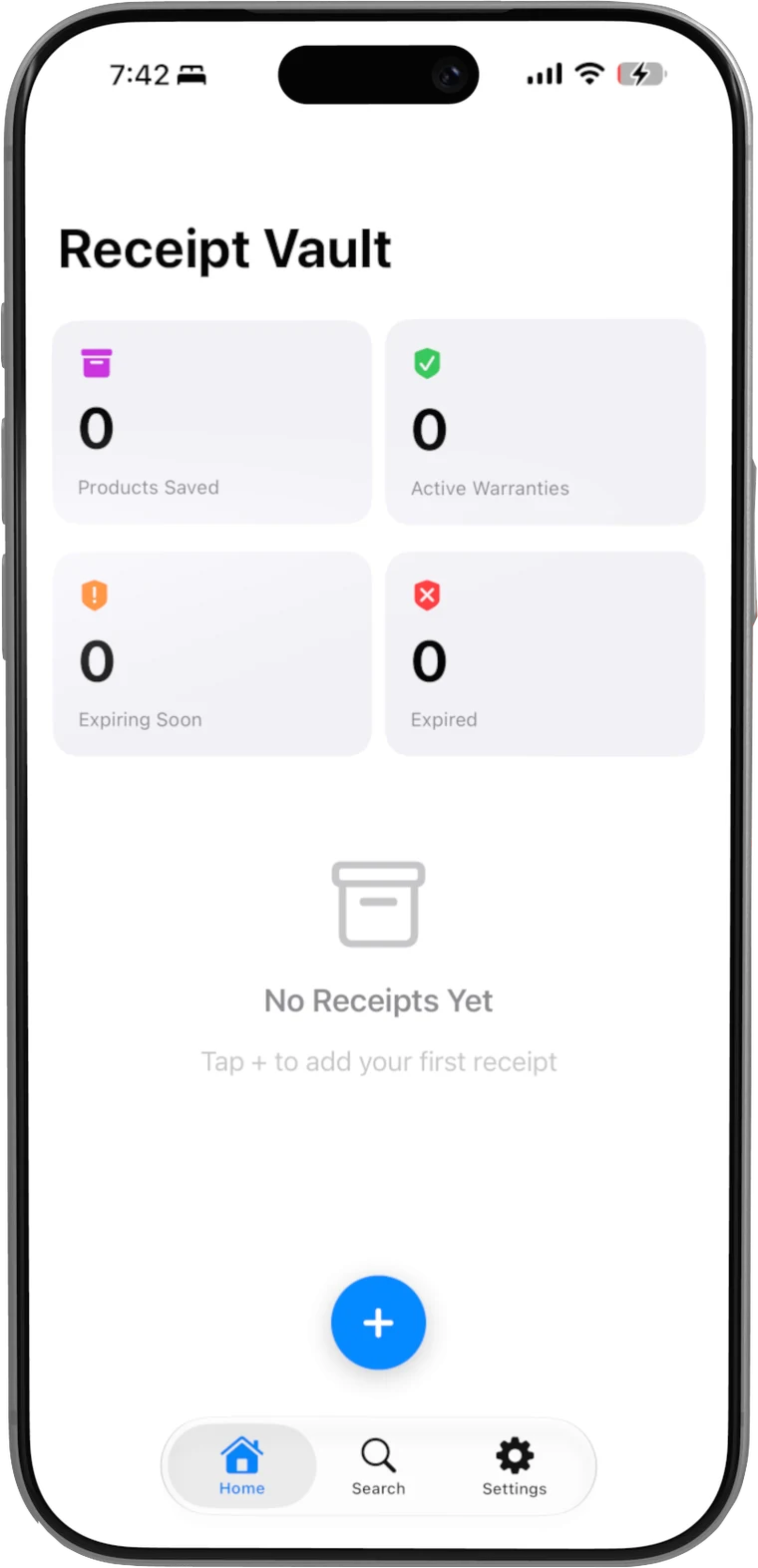 Receipt Vault 26 — warranty dashboard